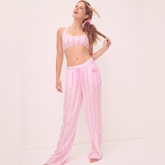 LoveShackFancy Other - PINK x LoveShackFancy Silky Sleep Pants Pink Floral Logo Lounge Pajama Bottoms